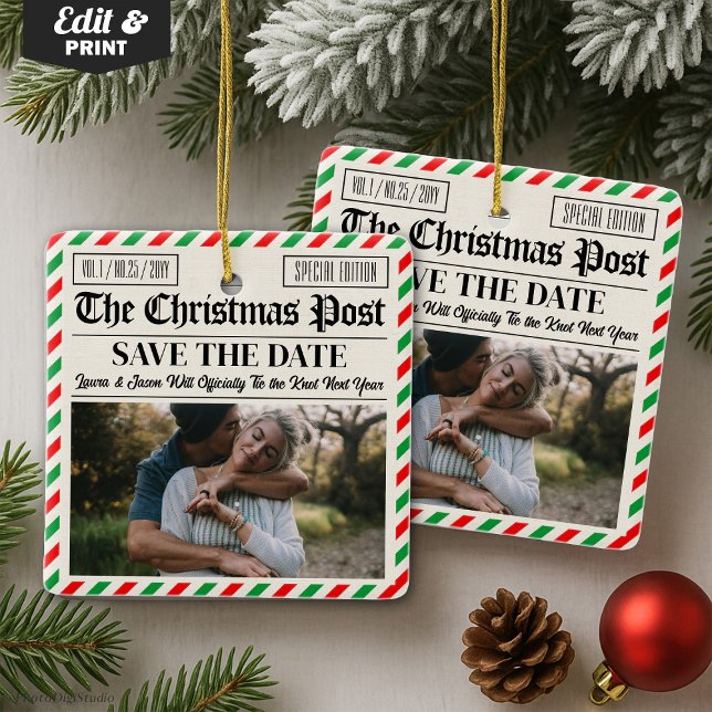 Custom Christmas Wedding Announcement Newspaper Keramikornament (Custom Christmas Wedding Announcement Newspaper Ceramic Ornament)