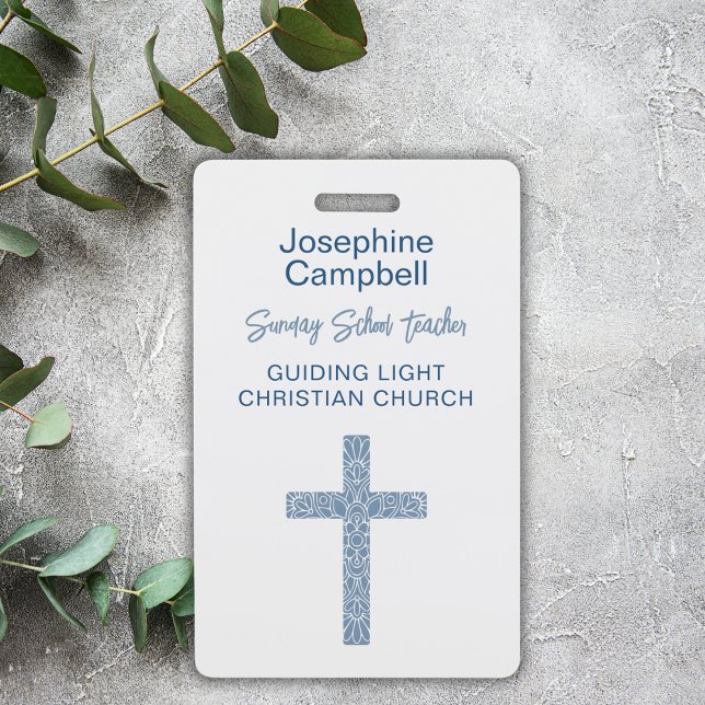 Custom Church Staff Volunteer Event Name Blue Ausweis (Text & cross can be changed to your choice of color.)