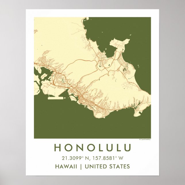 Custom City Map Honolulu Hawaii Wall Art Poster (Vorne)