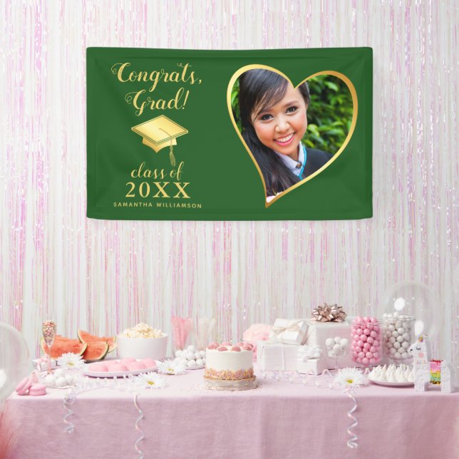 Custom Class 2025 Grad Foto Green Gold Abschluss Banner (Party)