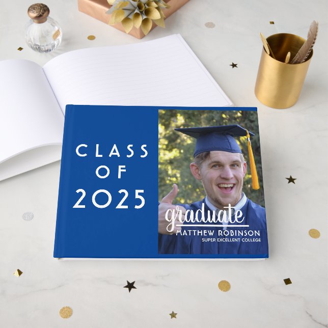 Custom Class of 2023 Abschluss Blue Foto Gästebuch (Vorderseite Offen)