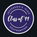 Custom Class of School Graduate Reunion Circle Magnet<br><div class="desc">Simple minimalist chic posh style design of school name inside navy blue circle ring. Customize it with texts of your own choice for school reunion or graduation keepsake.</div>