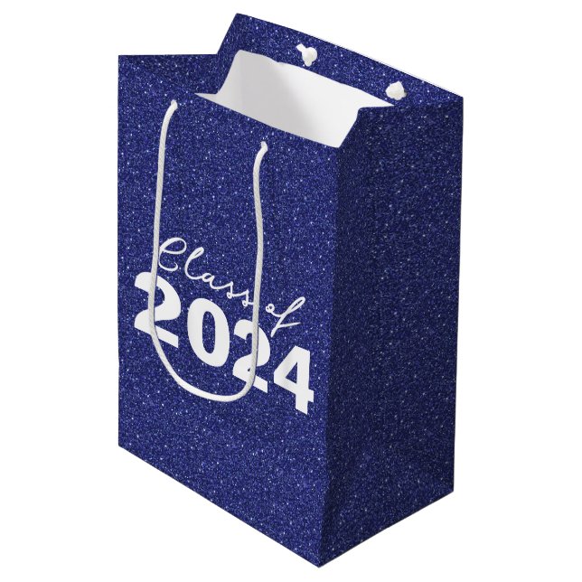 Custom Class Year Navy Blue Glitzer Mittlere Geschenktüte (Vorderseite Schrägansicht)