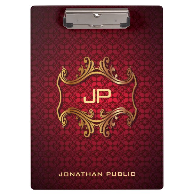 Custom Classic Elegant Black Red Damask Monogram Klemmbrett (Vorderseite)