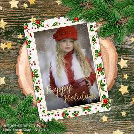 Custom Classic Green Holly Red Berries Gold Folien Feiertagskarte