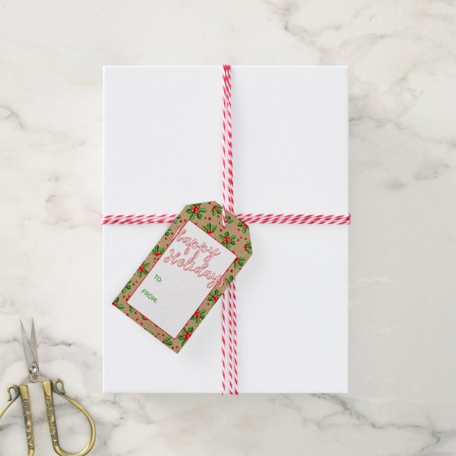 Custom Classic Holiday Green Holly Red Berries Geschenkanhänger (Mit Garn)