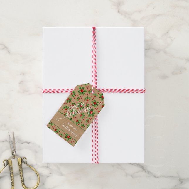 Custom Classic Holiday Green Holly Red Berries Geschenkanhänger (Mit Garn)