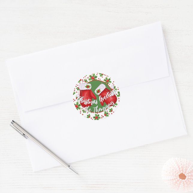 Custom Classic Holiday Green Holly Red Berries Runder Aufkleber (Umschlag)