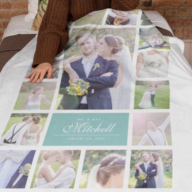Custom Color Elegant Script Mr & Mrs. Foto Collage Fleecedecke (Von Creator hochgeladen)