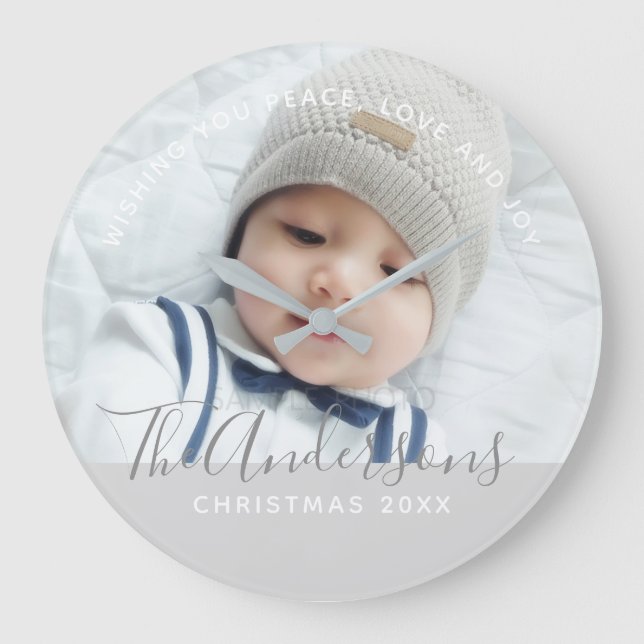 Custom Color with Custom Photo and Text Große Wanduhr (Vorderseite)