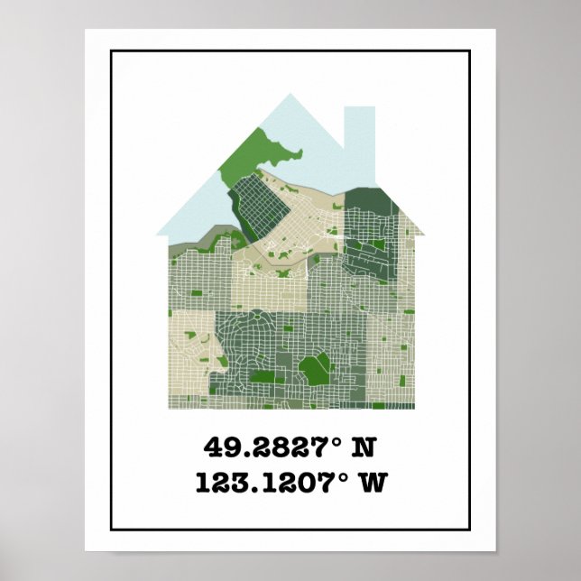 Custom Colourful Vancouver Home Map w/ Coordinates Poster (Vorne)