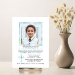 Custom CONFIRMAMATION Cross Blue Boy | FOTO Einladung<br><div class="desc">Elegante,  zarte,  weiße und blaue personalisierte Einladungen für Jungen. Imitate goldener Rahmen in hellblau mit FOTO / Bild und schönes Kreuz mit Imitaten Diamant. Auf der Kartenrückseite ist das Mongramm des Jungen. Einfache DIY-Vorlagen - einfach Text und Foto hinzufügen</div>