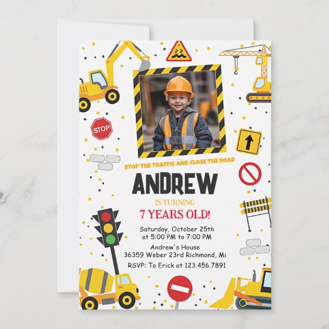 Custom Construction Birthday Party with Image Einladung (Vorderseite)