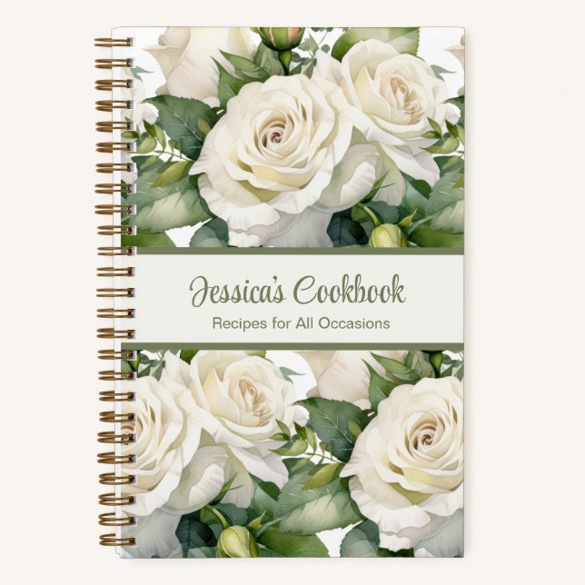 Custom Cookbook White Roses Rezeptur Notebook Notizbuch (Vorderseite)