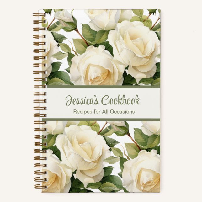 Custom Cookbook White Roses Rezeptur Notebook Notizbuch (Vorderseite)