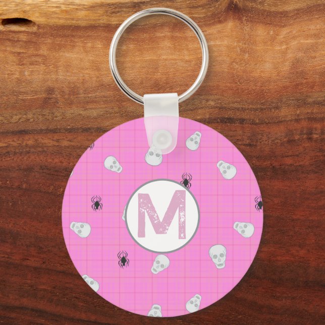 Custom Coquette Pink Kariert Halloween Skulls Schlüsselanhänger (Rückseite)
