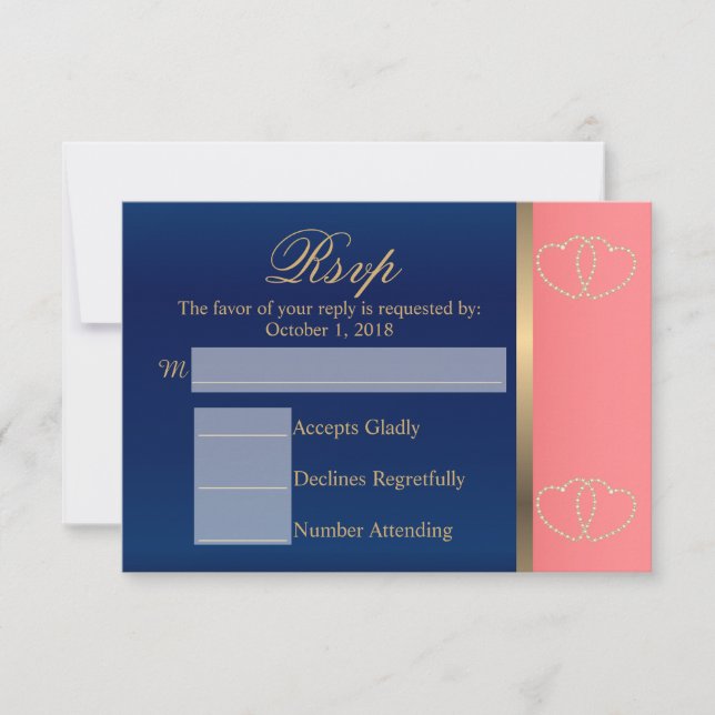 Custom - Coral & Navy Blue mit Gold Hearts - UAWG RSVP Karte (Vorderseite)