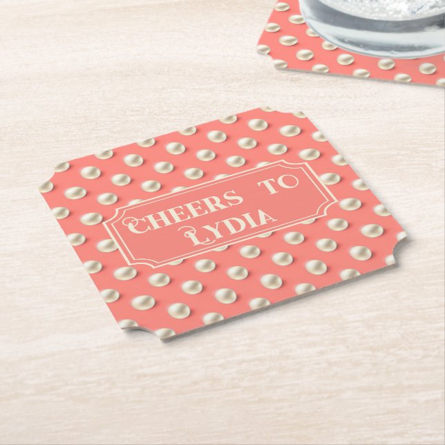 Custom Coral Pearl "Cheers to Name" Untersetzer (angewinkelt)