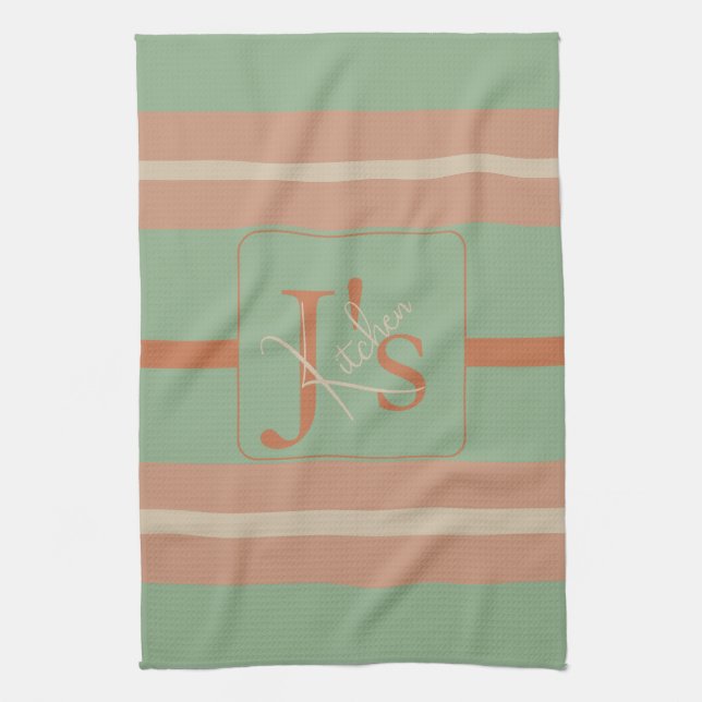 Custom Coral Sage Stripe Monogram Boho Pastel Chi Geschirrtuch (Vertikal)