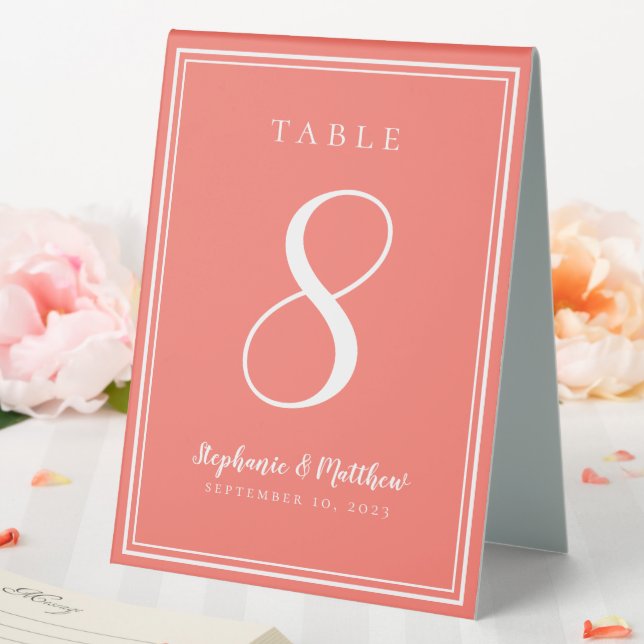 Custom Coral Simple Wedding Tischnummer Tischaufsteller (In Situ (Hochzeit))
