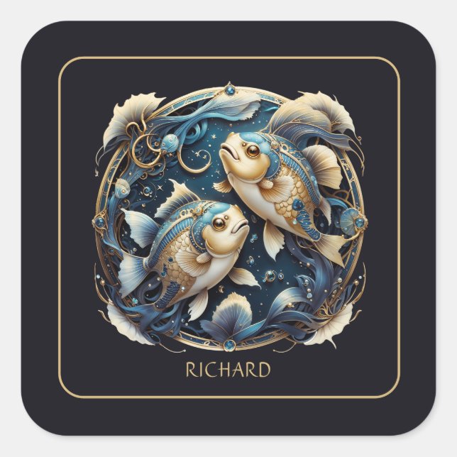 Custom Cosmic Fish Zodiac Sign Black Gold Pisces Quadratischer Aufkleber (Vorderseite)