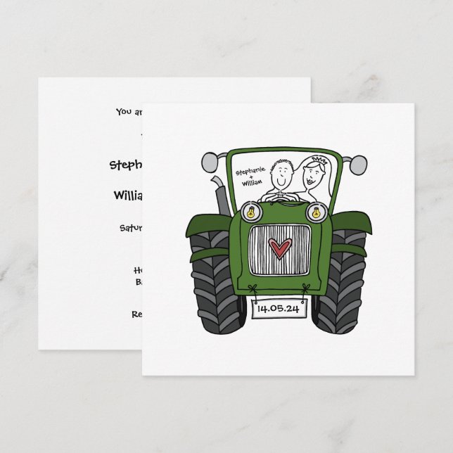 Custom Country Wedding Green Traktor Einladung (Vorne/Hinten)