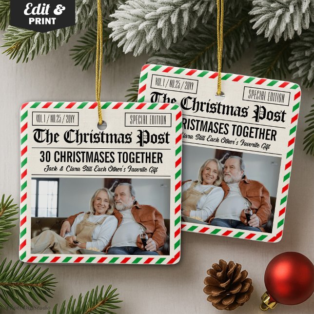 Custom Couple Anniversary Gift Christmas Newspaper Keramikornament (Custom Couple Anniversary Gift Christmas Newspaper Ceramic Ornament)