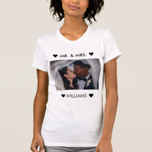 Custom Couple Foto Name Mr. and Mrs. Just heiratet T-Shirt