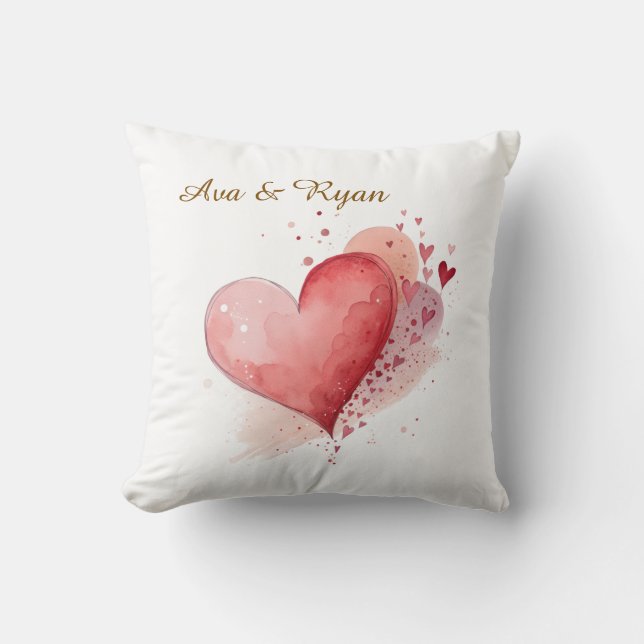 Custom Couple Name Watercolour Hearts Pillow Cover Kissen (Vorderseite)