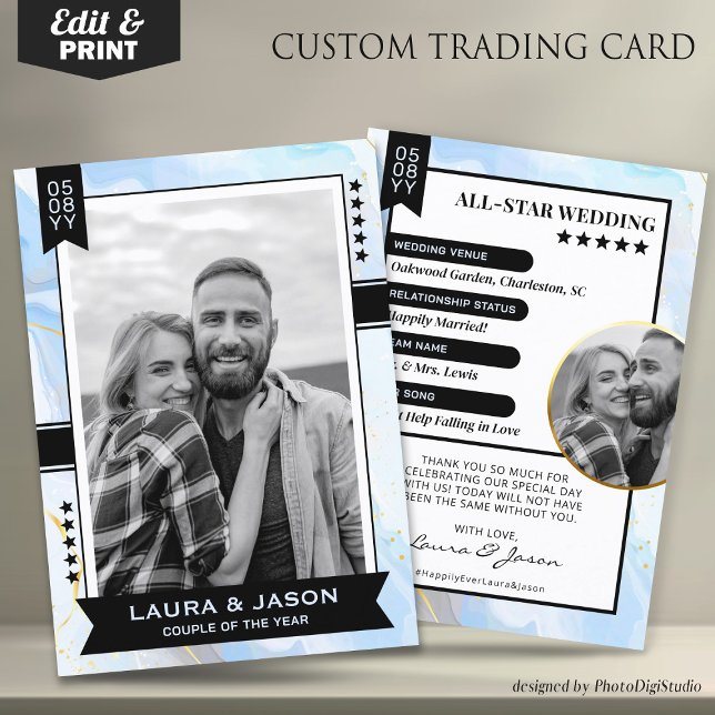Custom Couple Trading Card, Wedding Danke Telefonnummerkarte (Wedding Trading Card Template, Custom Couple Trading Card, Wedding Thank You Card Blue Gold & Black)