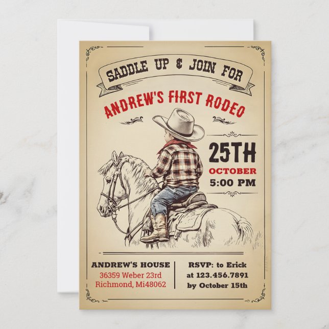 Custom Cowboy Country 1. Rodeo Wild West Geburtsta Einladung (Vorderseite)