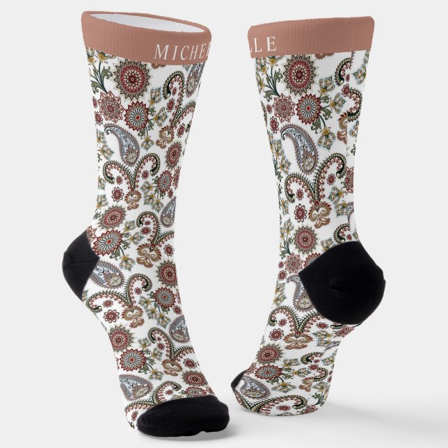 Custom Creme White Red Green Paisley Muster Socken (Gewinkelt)
