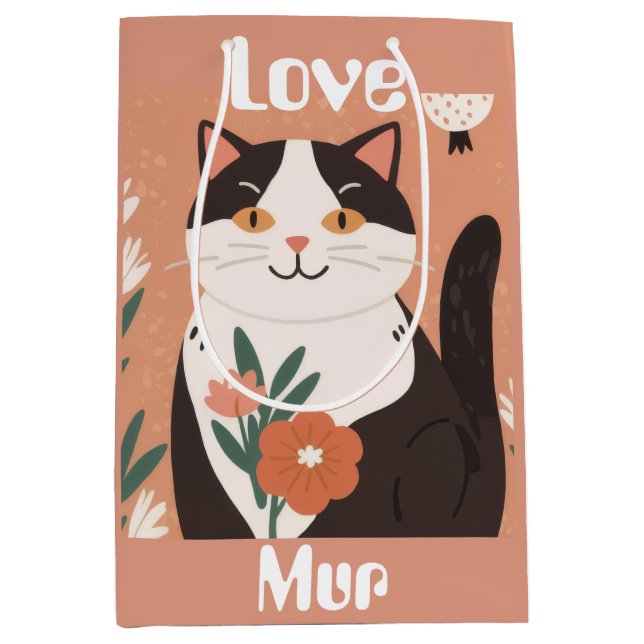 Custom Cute Cat with Mur and Love Mittlere Geschenktüte (Vorderseite)