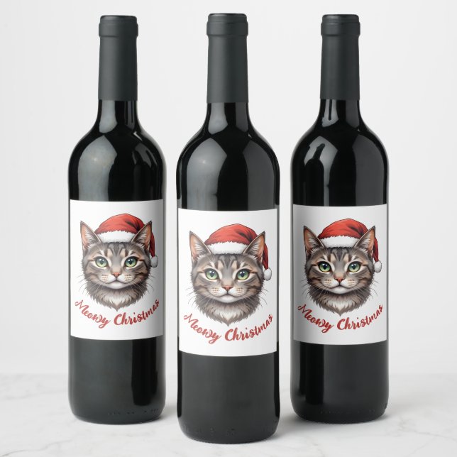 Custom Cute Christmas Cat with Santa Hat Weinetikett (Flaschen)