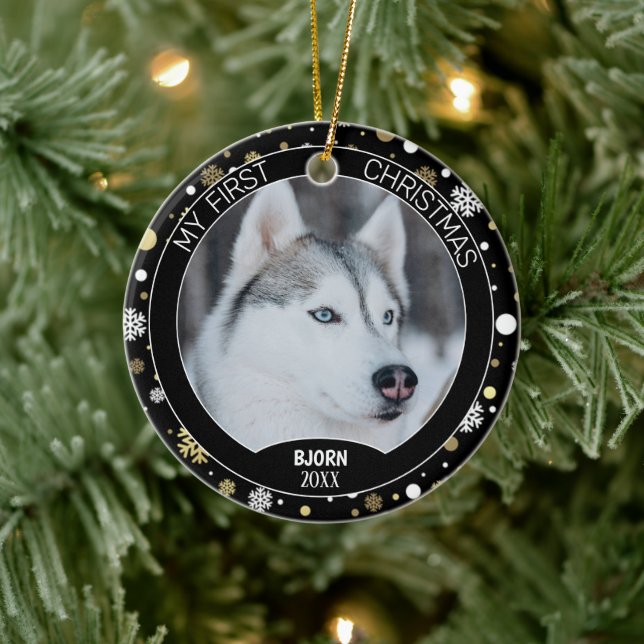 Custom Cute Puppy Photo On White Gold Snowflakes Keramik Ornament (Baum)