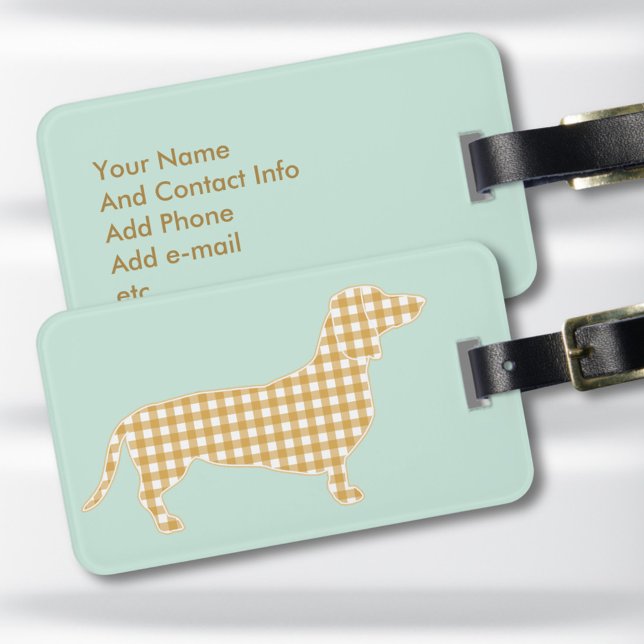 Custom Dachshund Luggage Tag - Cream Gingham Gepäckanhänger (Personalized gingham dachshund luggage tag. Put a preppy sausage dog on your suitcase)