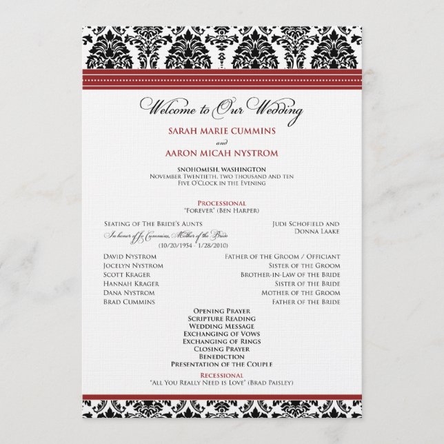 :custom: Damask black/red Wedding Program Programm (Vorderseite)