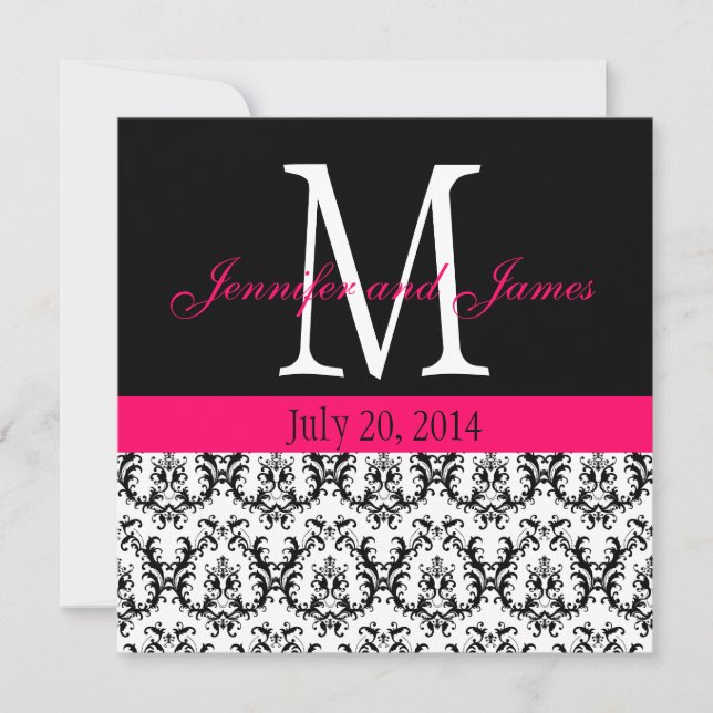 Custom Damask Monogram Wedding Hot Pink Einladung (Vorderseite)