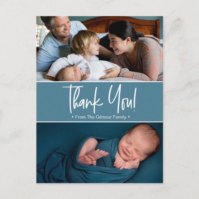 Custom Danke Blue Second Baby Foto Geburt Ankündigungspostkarte (Vorderseite)
