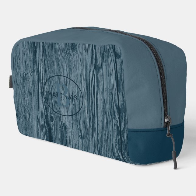 Custom Dark Aquamarin Blue Woodgrain Muster Waschbeutel (Rechte Ecke)