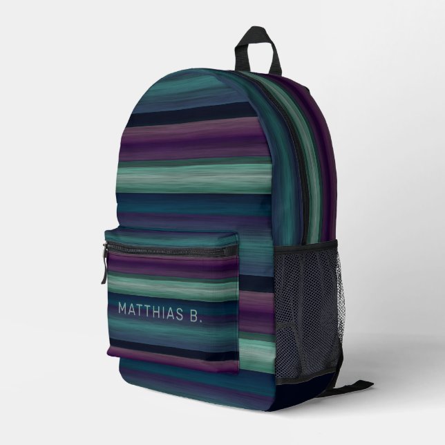 Custom Dark Blue Aquamarin Green Black Streifen Li Bedruckter Rucksack (Rückseitige Ecke Rechts)