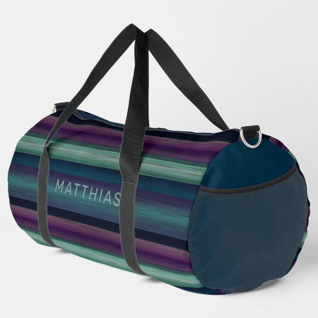 Custom Dark Blue Aquamarin Green Black Streifen Li Duffle Bag (Rechte Ecke)