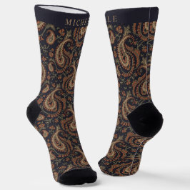 Custom Dark Blue Beige Paisley Pattern Socken