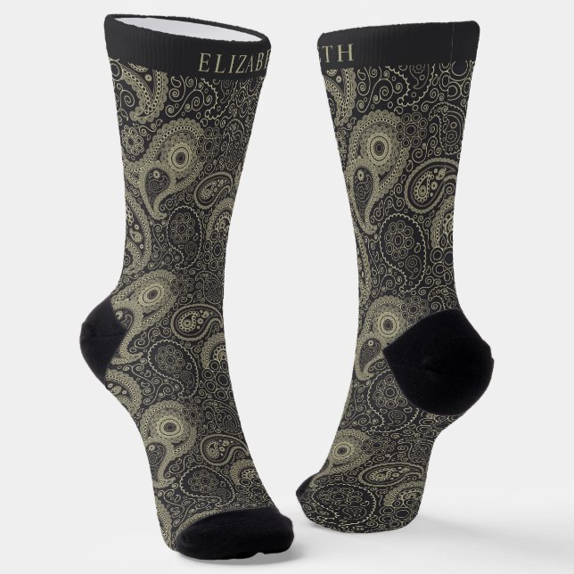 Custom Dark Brown Gray Sage Green Paisley Muster Socken (Gewinkelt)