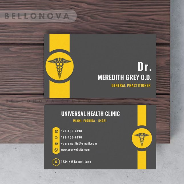 Custom Dark Gray Black Yellow Doctor Extravagant Visitenkarte (Custom Dark Grey Black Yellow Doctor Fancy Business Card)
