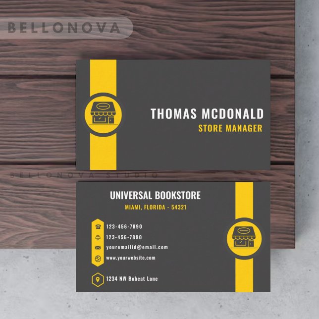 Custom Dark Gray Black Yellow Retail Shop Visitenkarte (Custom Dark Grey Black Yellow Retail Shop Business Card)