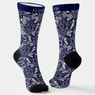 Custom Dark Navy Blue Cream Paisley Muster Socken