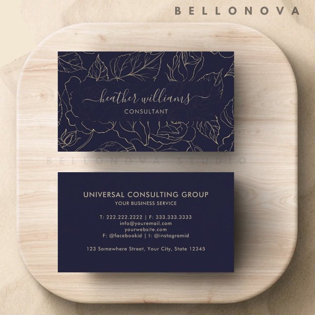 Custom Dark Navy Blue Gold Blume Beruflich Visitenkarte (Custom Dark Navy Blue Gold Flower Professional Business Card)
