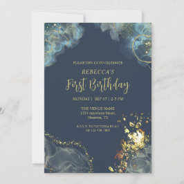 Custom Dark Navy Blue Gold Premium Monogram Einladung