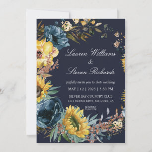 Custom Dark Navy Blue Sunflowers & Wreath Hochzeit Einladung